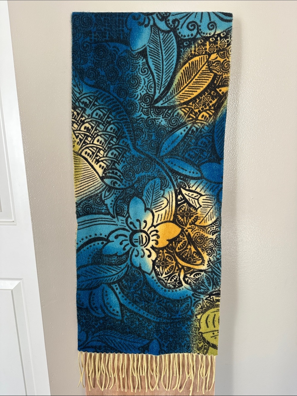 Vibrant Artsy 100% Cashmere Scarf Floral Blue Yellow Boho Whimsical Fringe